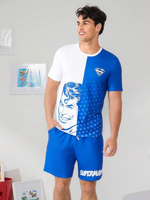SUPERMAN X SHEIN Conjunto de camiseta de manga corta con cuello redondo y pantalón corto con gráfico de figura de color block para hombre, conjunto informal de verano de 2 piezas para hombre, conjunto de pantalón corto y personaje de cómic de verano para hombre
