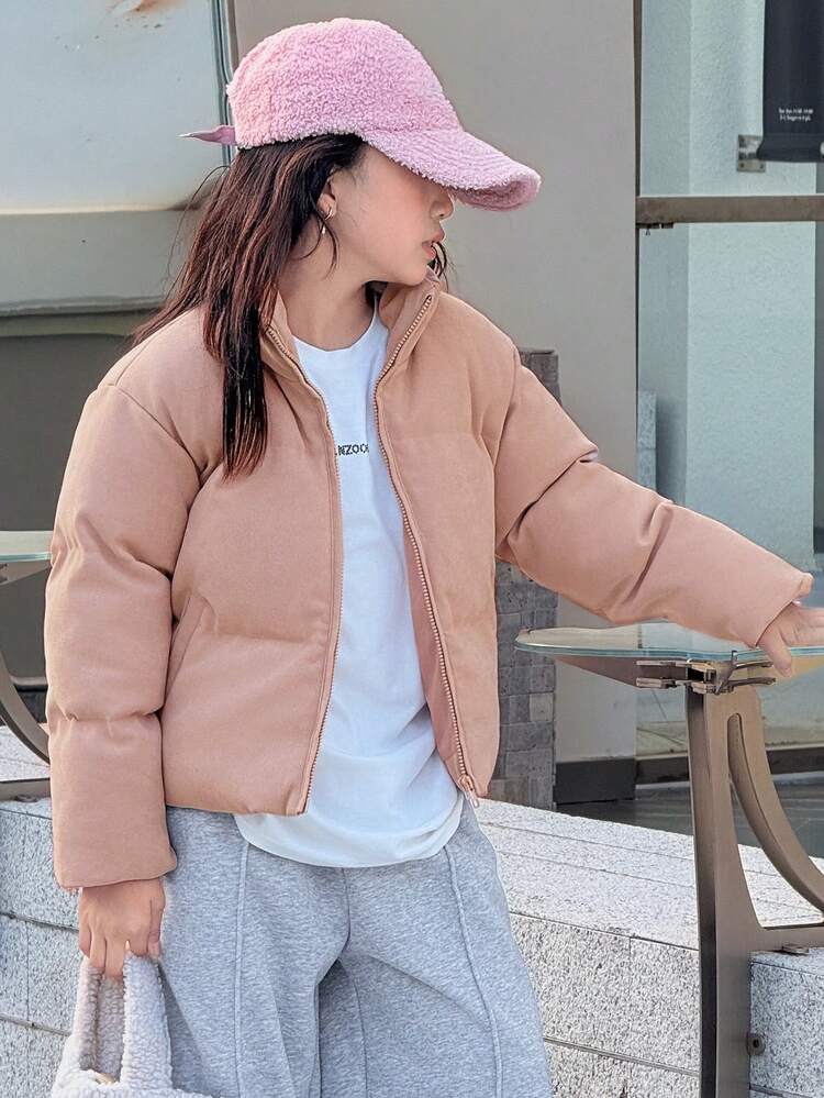 Tween Girls Plain Casual Long Sleeve Padded Coat