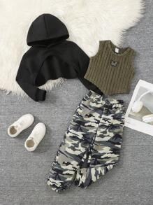 女童图案印花连帽衫搭配罗纹针织背心，街头休闲时尚 - 軍綠色 - 查看 3