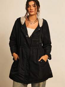SHEIN LUNE Plus Size Waisted Hooded Jacket, For Winter Fall Autumn - Black - View 1