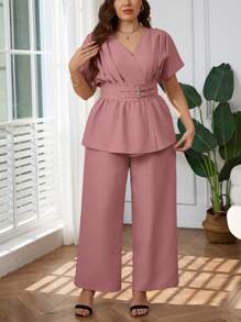 SHEIN Privé 大码女式春夏舒适休闲简约优雅办公室/通勤百搭竹纤维 V 领开衫和阔腿裤两件套 - 藕粉色 - 查看 6