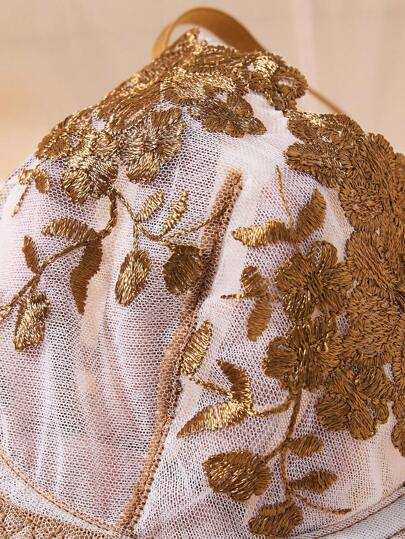 Semi Doorschijnende Coffee Bruin Bloemen Matching BH Slipje Set Everyday Elegance Kanten Lingerie Sets Panties Geborduurde view 5