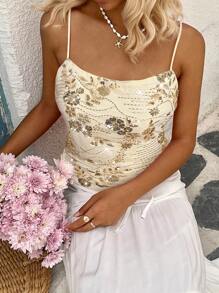 SHEIN EZwear Damen Sommer Perlen Rückenfrei Trägerhemd, geeignet für Urlaubsmode