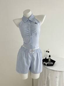 Elamini 2 件女式条纹印花无袖领绣花衬衫和松紧腰休闲短裤套装，春夏 - 藍白色 - 查看 3