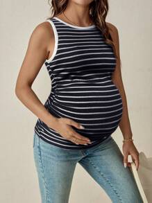 SHEIN 孕妇休闲条纹褶饰修身吊带背心（夏季） - 藏蓝色 - 查看 1