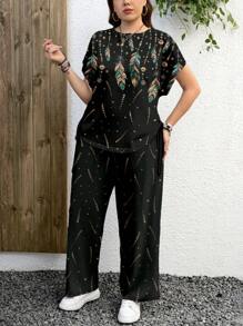EMERY ROSE Set de 2 piezas - Camiseta con gráfico de plumas y estampado de leopardo talla grande + Shorts casuales, adecuado para el verano - Multicolor - Ver 4