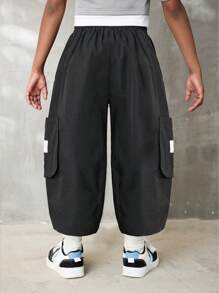 SHEIN Tween Boys Spring/Summer Dual Pocket Pants Straight Leg Drawstring Cargo Plain Black,Capri Pants, Modify Leg Shape, Tapered Cuffs - Black - View 4
