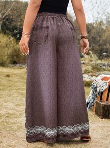 SHEIN LUNE Plus Size Floral Printed Wide Leg Pants Country Concert Graduation Summer Brunch Mother's Day Church - Brown - View 2