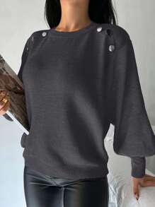 EURMUSE 女士休闲宽松简约圆领长袖套头毛衣，百搭日常穿着 - 灰色 - 查看 4