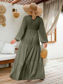 EURMUSE LANTERN LONG SLEEVE LAYERED LONG DRESS - Green - View 2