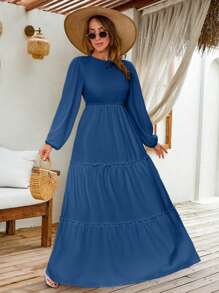 LANTERN LONG SLEEVE LAYERED LONG DRESS - Navy Blue - View 6