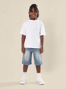 SUMWON Short en jean de style vintage, motif croix, design déchiré. Short ample pour garçons, longueur genou, style classique Jorts pour l'été