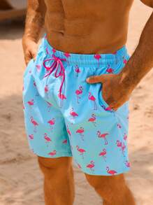 Surfspeed Men's Flamingo Print Drawstring Waist Beach Shorts - Multicolor - View 5