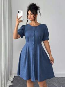 Elenzga Plus Size Crew Neck Denim Effect Short Sleeve A-Line Waist Midi Dress - Blue - View 3
