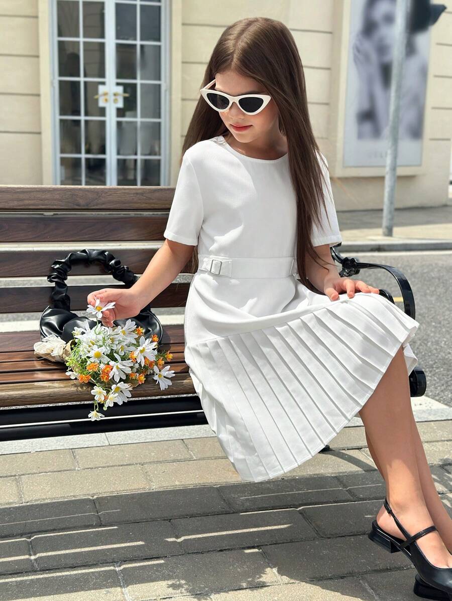SHEIN Tween 女童休闲时尚通勤白色下摆弧形褶皱连衣裙 - 白色 - 查看 1