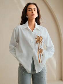 Anewsta Solid Color 3D Pearl Embroidered Coconut Tree Long Sleeve Shirt