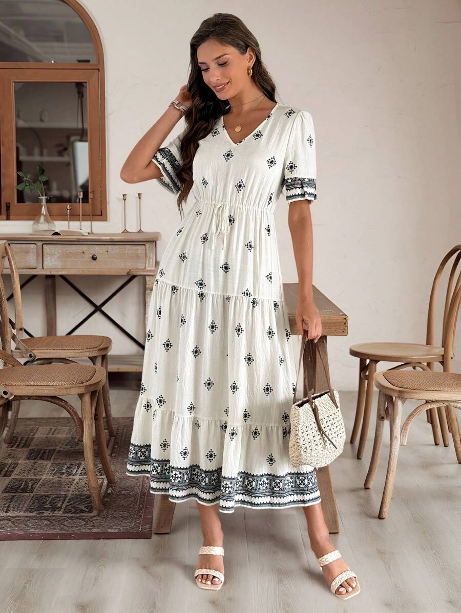 EMERY ROSE 女士几何印花长裙，休闲假日风格 - 杏色 - 查看 1