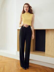 MOTF PREMIUM WOMEN'S KNITTED JACQUARD TEXTURED FABRIC FUNNEL NECK TANK TOP - Yellow - View 5