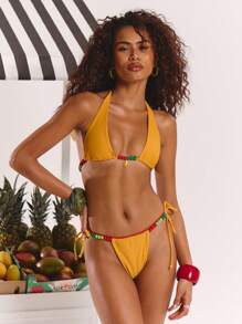 MUSERA Bead Waist Triangle Charm Detail Bikini Set Spring, Summer, Ibiza, Holiday, Cute, Festival, Vacation Beachwear, Boho