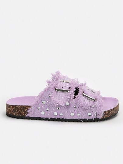 Solecia Ladies Round Toe Tassel Full Diamond Double Buckle Strap Flat Bottom Comfortable Daily Banquet Commuting Fashion Versatile Women's Shoes Summer
