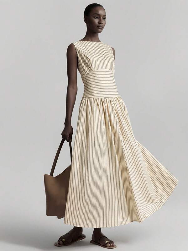 Ontre 2025 Spring Women's Striped Patchwork Elegant Round Neck Sleeveless Pleated Loose Long Dress For Casual Daily Wear, Ladies Easter Dress, Summer Dress, Formal Dress, Resort Dress, Wedding Guest Dress