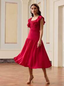 ZEYLAH Women's Elegant Solid Color Ruffle Trim High Waist Midi Dress - Pink - View 4