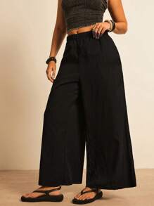 Freevana 大码白色纹理面料休闲阔腿裤，带口袋，适合海岛度假、情人节 - 黑色 - 查看 1