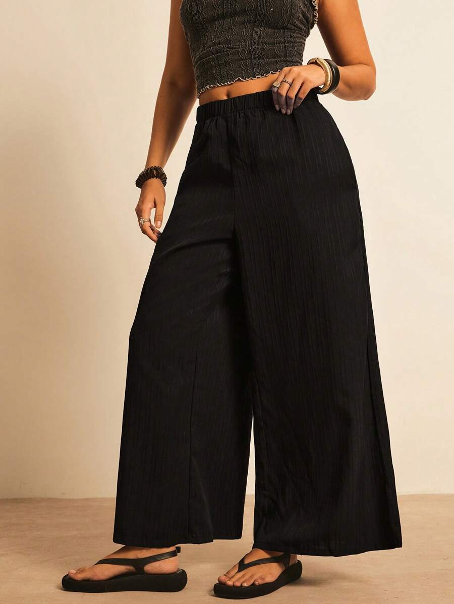 Freevana 大码白色纹理面料休闲阔腿裤，带口袋，适合海岛度假、情人节 - 黑色 - 查看 1