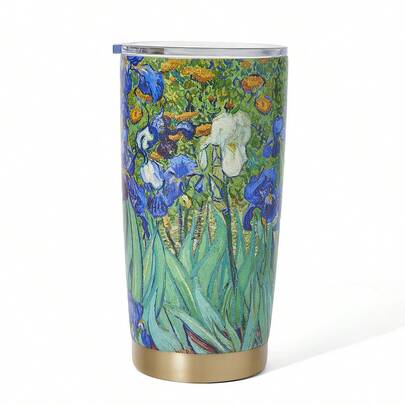 SHEIN Touch of Art 20盎司/600毫升鸢尾花印花不锈钢平底保温杯，带杯盖，文森特·梵高图案，适合夏季、春季、海滩、度假等场合，鲜花图案。