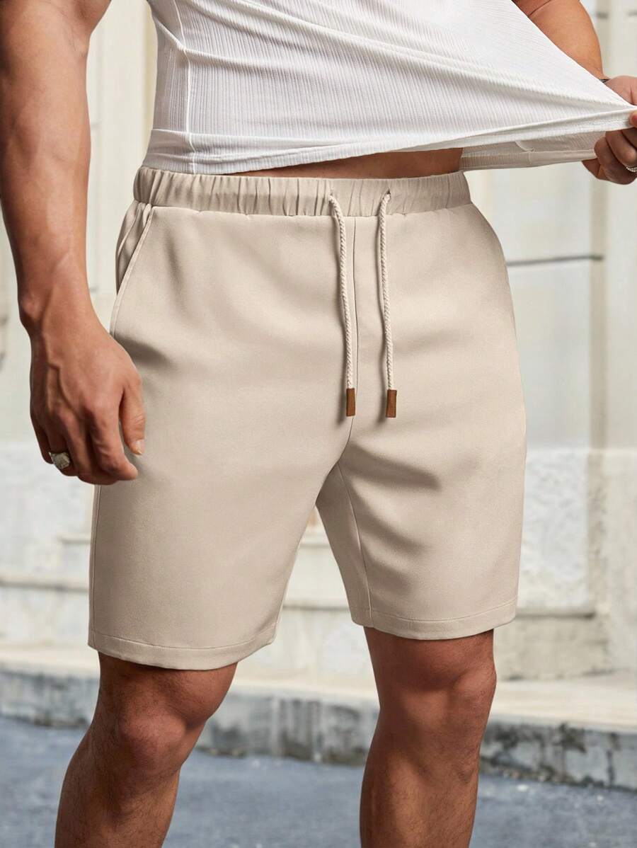 Manfinity BRENVOR Men's Casual Versatile Beige Drawstring Waist Shorts - Khaki - View 1
