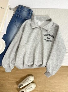 SHEIN 青少年女孩休闲街头风格迷彩和树叶印花宽松圆领落肩短款运动衫，军绿色 - 軍綠色 - 查看 3