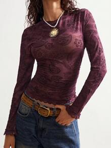 Bohemela Áo thun nữ cổ tròn tay dài in họa tiết Paisley cỡ lớn thời trang ôm sát - Màu tím - Xem 2