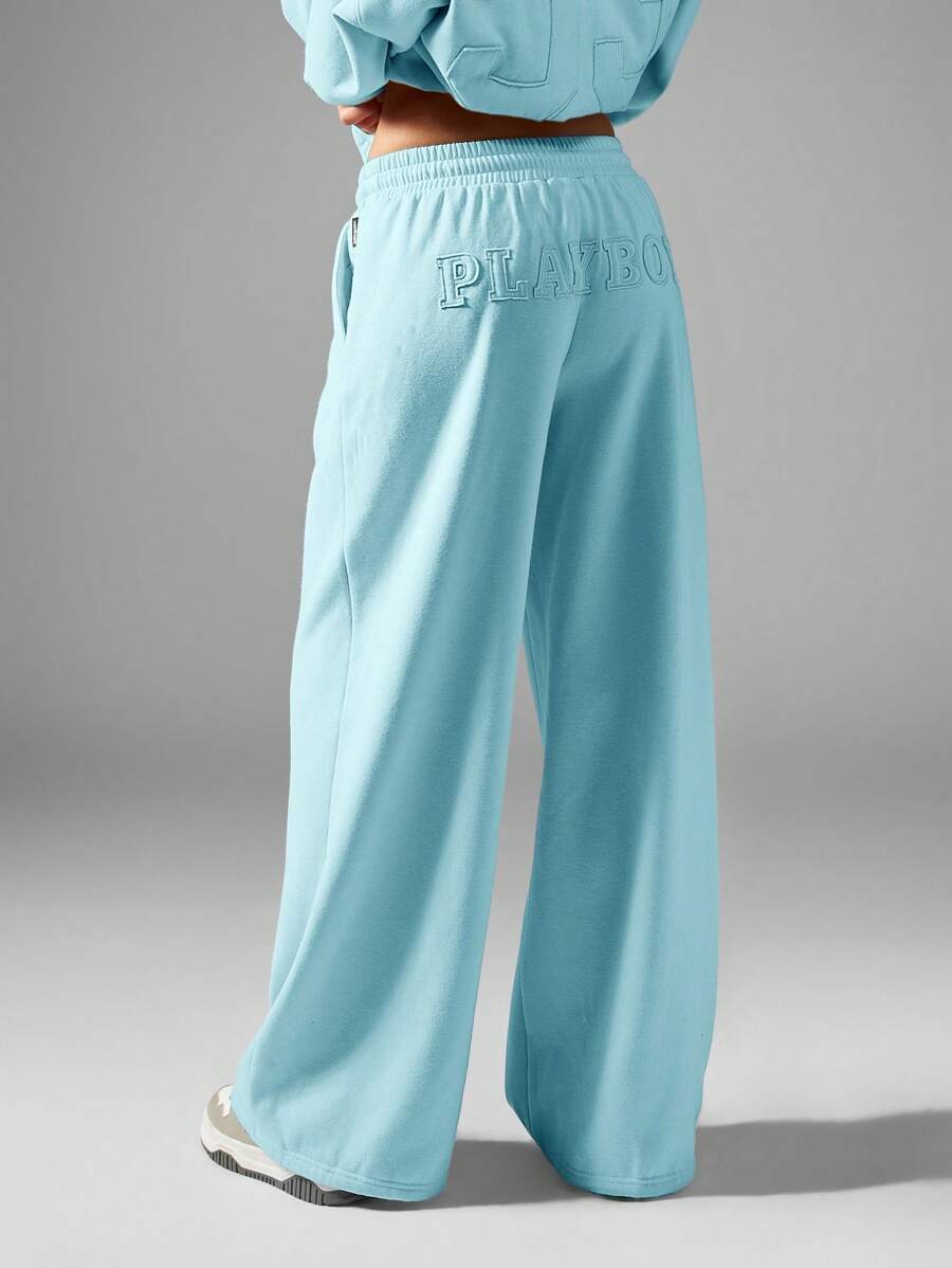 Missguided x Playboy 宽腿运动裤慢跑裤贴花刺绣标志高腰舒适街头服饰家居服运动休闲 - 藍色 - 查看 1