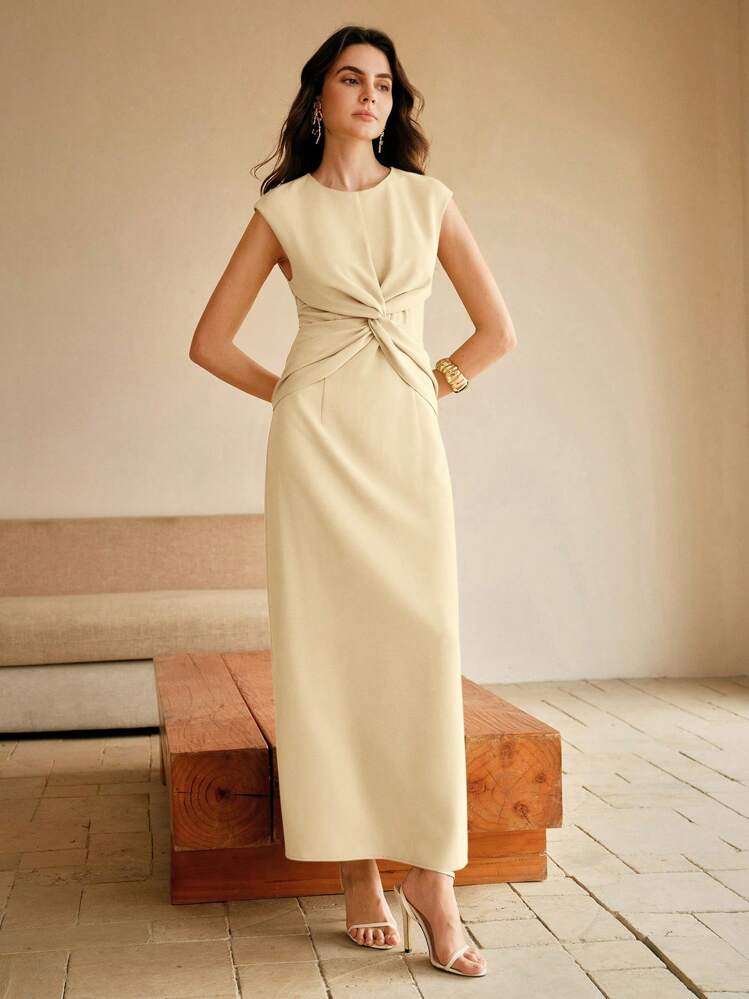 Women's Elegant Vintage Coin Design Crew Neck Sleeveless Waist Twist Gathered Waist Dropped Shoulder Dress - Apricot - View 6