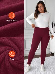 SHEIN LUNE Plus Size Casual Solid Color Thermal Lined Leggings For Winter Thermal Lined Leggings Women Warm Leggings Women Winter Leggings Thermal Leggings Cozy Leggings Women Thermal Lined Leggings - Burgundy - View 3