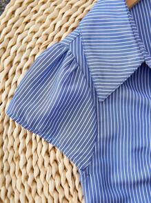 Tween Girls Simple Classic Blue Striped Short Sleeve Stand Collar Cardigan Shirt Girls Striped Shirt Blue Striped Shirt Girls Teen Girl Striped Shirt Kids Blue Striped Shirt Girls Summer Shirt