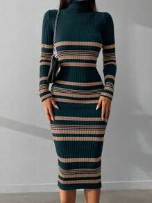SHEIN Women's Striped Turtleneck Long Sleeve Fitted Knit Dress, Elegant,Petite
