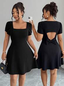 Elenzga Abito elegante estivo di taglia grande in colore nero tinta unita, con decorazione fiocco e schiena scoperta - nero - Visualizzare 5