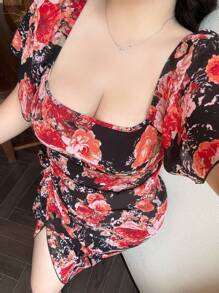 Flirla Plus Size Women Square Collar Floral Ruffle Sleeve Short Sleeve Floral Print Maxi Dress, Elegant Romantic Vacation Party Casual - Multicolor - View 4