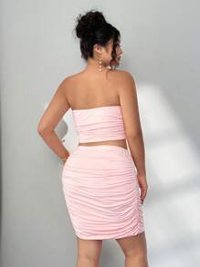 Elenzga Elegant Strapless Backless Top & Solid Color Ruffle Hem Bodycon Skirt 2 Pieces Plus Size Set - Coral Pink - View 2