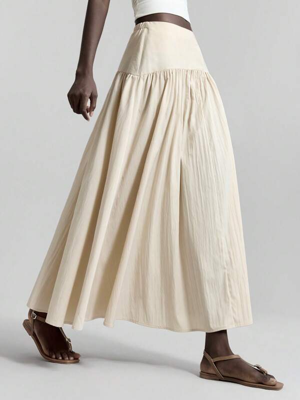 Ontre 2026SS Nueva falda urbana para mujer, unicolor albaricoque, diseño plisado, estilo ligero de vacaciones, ropa de verano, uso diario, conjunto de vacaciones elegante, falda larga casual plisada con cintura elástica, adecuada para té, fiesta de vacaciones, Día de San Valentín, atuendo festivo, falda versátil y de moda para mujer, fiesta, Día de San Valentín