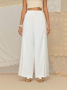 SHEIN MOD Women's Vacation Casual Solid Color Lace Patchwork Pants,Fall,Work Pants,White,Old Money Style,Back To School,Beach Vacation - White - View 6