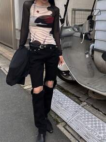 DAZY 女士拼色不对称印花透视网眼上衣外出上衣夏季长袖女上衣 - 彩色 - 查看 7