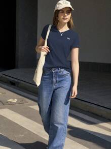 Jouncy Women's Casual Bowknot Print Short Sleeve T-Shirt, Summer - Royal Blue - View 7