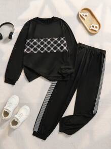 SHEIN Explorewe Teeg Boys' Casual Printed Patchwork Top And Pants Set, Spring/Autumn - Black - View 4