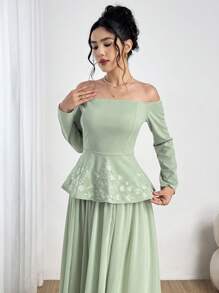 Modelyn 2pcs Women's One-Shoulder Embroidered Waist-Cinching Blouse Set, Elegant Style