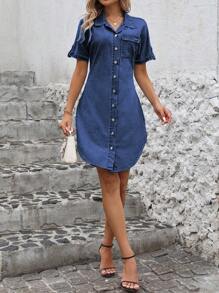 SHEIN LUNE 女式休闲日常前扣短袖牛仔连衣裙 - 深色水洗藍 - 查看 4