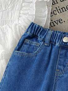 少女心蝴蝶结樱桃刺绣休闲百搭宽松阔腿牛仔裤，2025新款，适合所有季节 - 中等水洗藍 - 查看 4