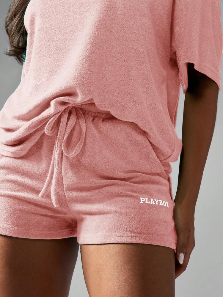 Missguided x Playboy Drawstring Waist Terry Cloth Shorts Casual Loose Summer Beach Lounge Activewear
