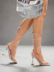 CUCCOO SZL Women Metallic Strap Buckle Square Toe Thick Heel Sexy Chic High Heel Sandals - Silver - View 5